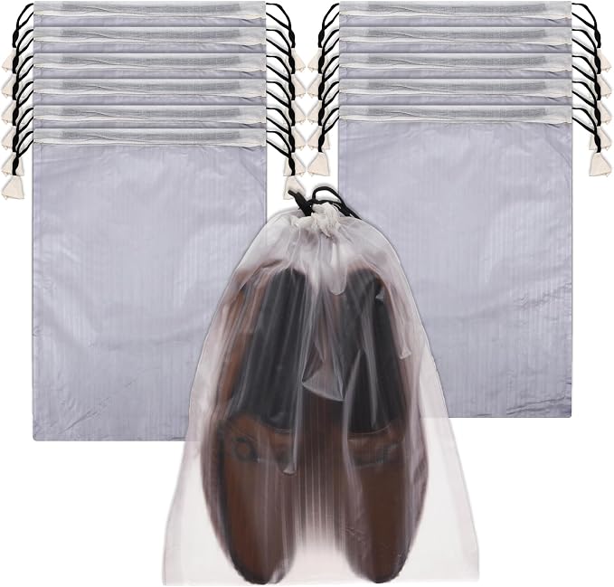 Kuber Industries Shoe Cover | Travel Shoe Storage Bags | PVC Storage Bags | Drawstring Shoe Cover | Transparent Shoe Storage Organizer | Lining-Design | Pack of 12 | White by Kuber+Industries