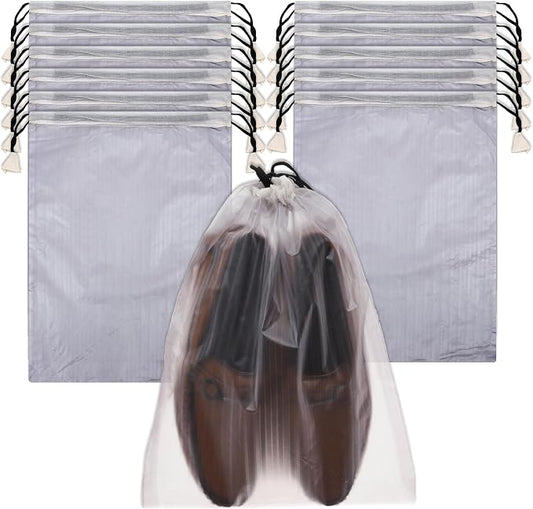 Kuber Industries Shoe Cover | Travel Shoe Storage Bags | PVC Storage Bags | Drawstring Shoe Cover | Transparent Shoe Storage Organizer | Lining-Design | Pack of 12 | White by Kuber+Industries