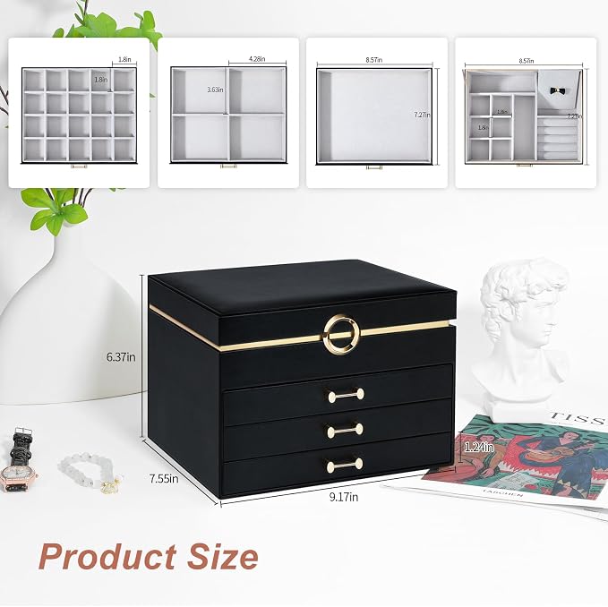 Jewelry Boxes for Women, Large Jewelry Storage Boxes, 4-Layer Leather Jewelry Organizer with 3 Drawers, Jewelry Display Case Gift for Women Girls, Black - Image 3