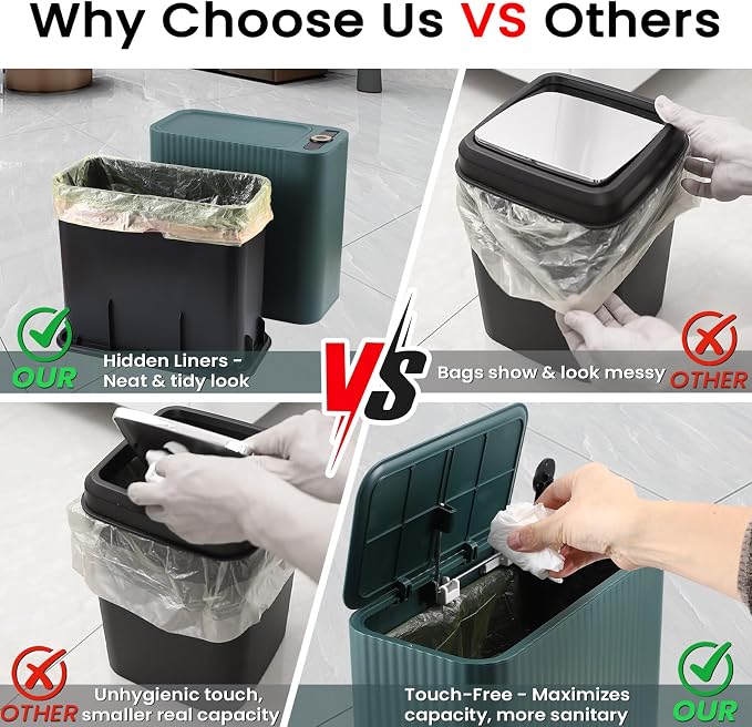 XLHOMO 9-Piece Dark Green Bathroom Accessories Set - Slim Pop-up Trash Can with Lid, Toilet Brush, Soap Dispenser & Apothecary Jars - Luxury Emerald Decor for Small Spaces - Image 4