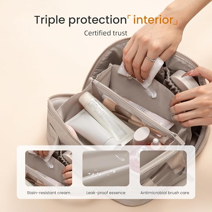 LOVEVOOK Travel Makeup Bag for Women, 2Pcs Puffer Waterproof Cosmetic Organizer, Large Capacity Pouch Open Flat Small Toiletry Bag with Brush Compartment & Handle (Light khaki, Large) - Image 3