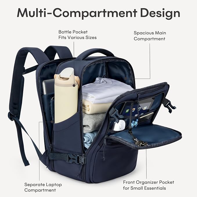 mibasies 30L Travel Backpack for Women & Men: Carry On Luggage Flight Approved, TSA Laptop Backpack with Water Bottle Pocket, Personal Item Bag Fits 15.6" Laptop for Weekender Business - Navy - Image 4