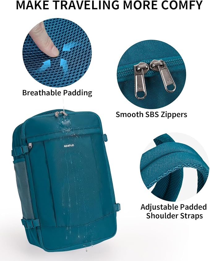 ECOHUB Travel Backpack for Men Women, Carry on Backpack with USB Charging Hole, Spirit Airlines Personal Item Bag Flight Approved, 15.6 Inch Laptop Backpack with Anti Theft Pockets, 30L, Blue Green - Image 8