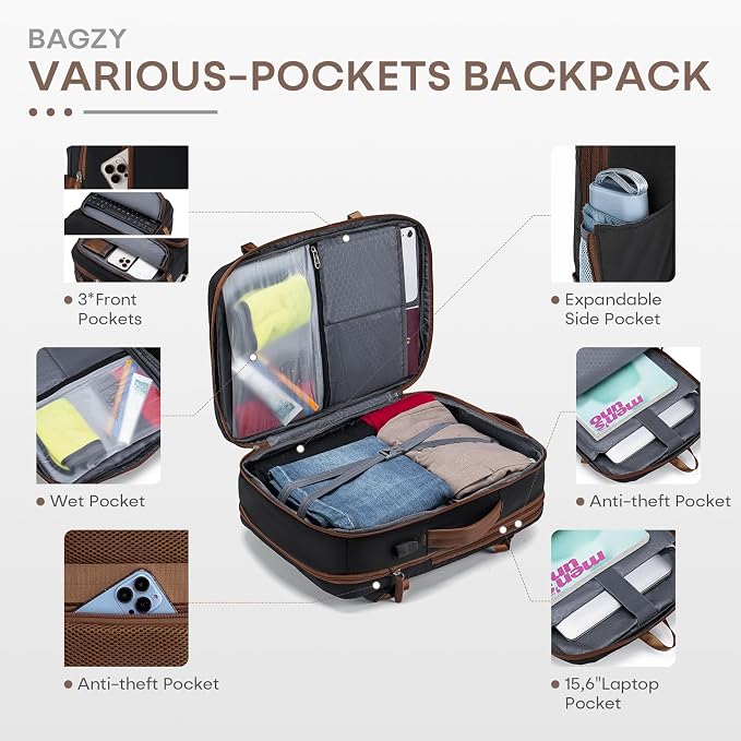 43x33x15cm Personal Item Bag Expandable 30L Travel Backpack 17x13x6 Inches Underseat Bag for Airlines Lightweight Carry on Luggage Water Resistant Flight Approved for College, Weekender Black - Image 7