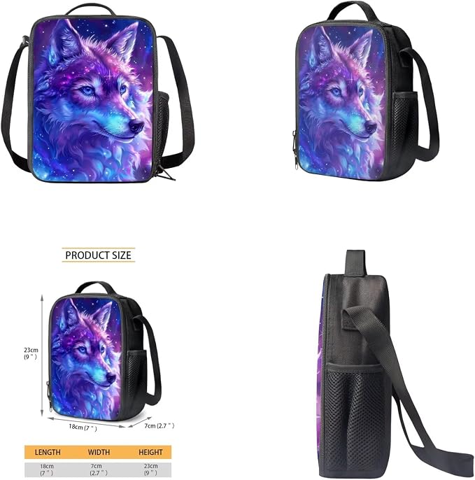 Galaxy Wolf Backpack for Girls Boys Backpack with Lunch Box Water Bottle Carrier with Strap and Big Pencil Case 4PCS Bookbag with Front Pocket for School 17 inch Sturdy School Bag for Kids - Image 4