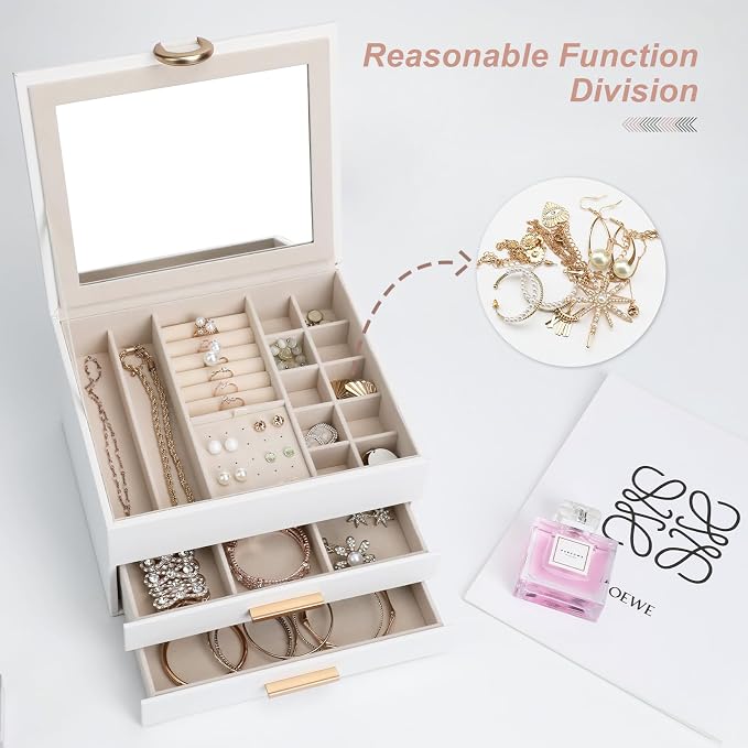 Elegant Jewelry Storage Box with Mirror 3-Tier Design with Smooth-Gliding Drawers Jewelry Organizer Perfect Christmas Birthday Gift for Wife Mom Women White - Image 5