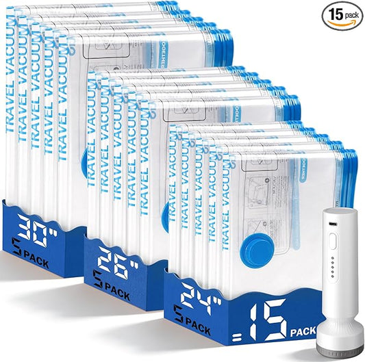 15 Pack Vacuum Storage Bags for Travel with Rechargeable Cordless Pump, Space Saver Bags for Clothes, Compression Packing Bags for Luggage and Suitcase,Blue by lezecur