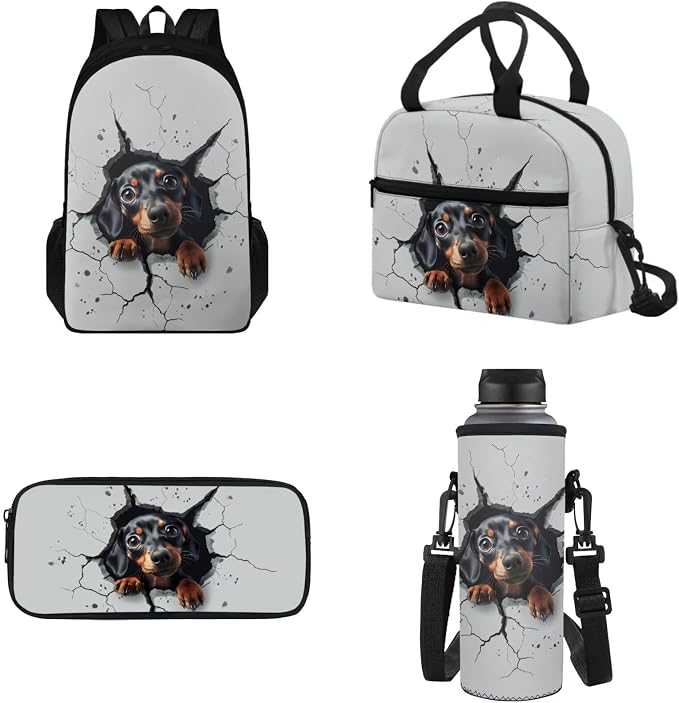 School Backpack Set, Funny Dachshund Portable School Bags with Water Bottle Carrier Lunch Boxes Pencil Cases for Kids Teens Student Bag Daypack Set 4 in 1 by Tomeusey