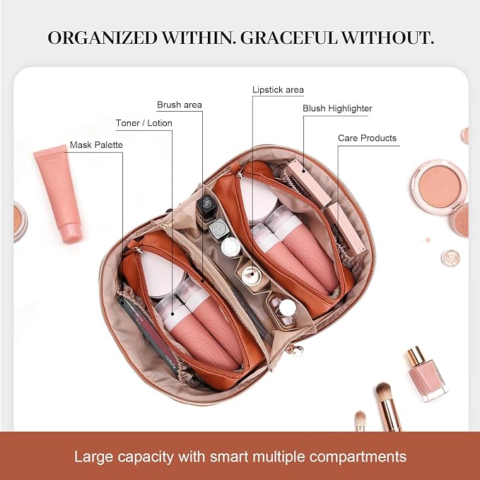 Travel Makeup Bags Cosmetic Organizer: 3Pcs Set Puffy Make up Bag for Women | Brown Premium Quilted ELEGANCE Design | Large Capacity Leather Toiletry Bags | Wide Open Compact Case for Travel Essentials - Image 5
