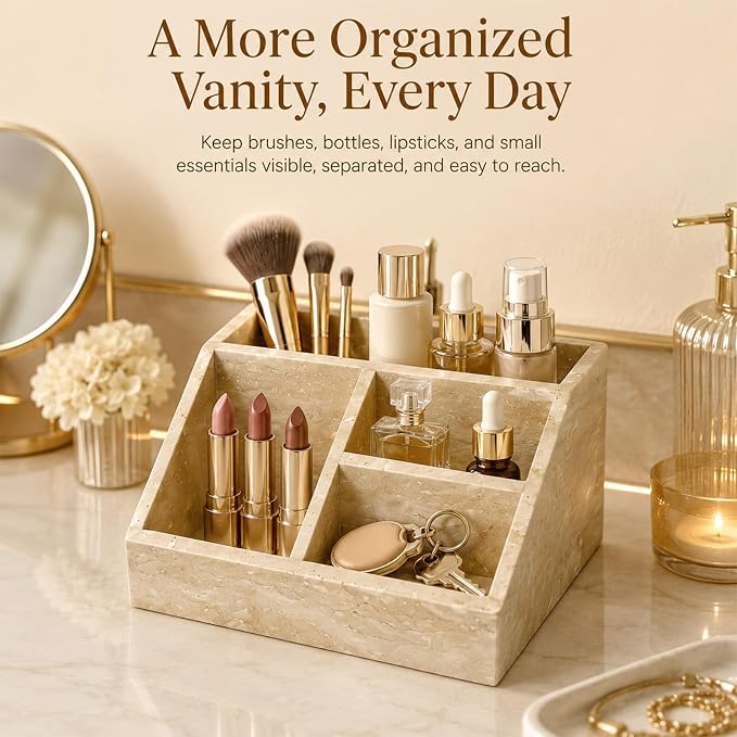 Travertine 4-Compartment Desk Organizer, Beige | Natural travertine with 4 compartments for pens, makeup brushes, skincare bottles, office supplies and vanity items - Image 2