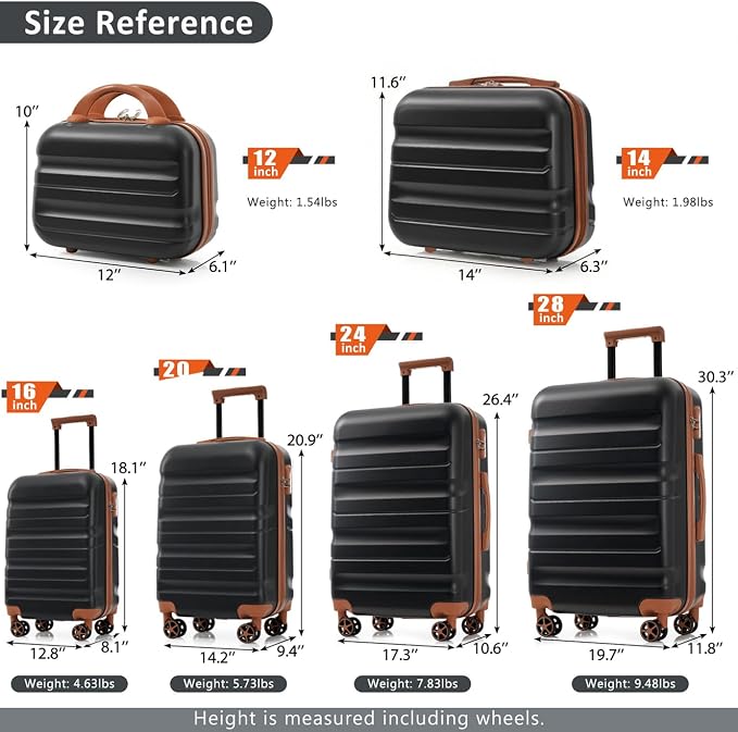 Black Brown 6 Piece Luggage Set Hard Shell - Expandable Suitcases with Spinner Wheels and Small Cases for Family Travel, Durable Carry On Luggage Sets with Lock for Women and Men - Image 2