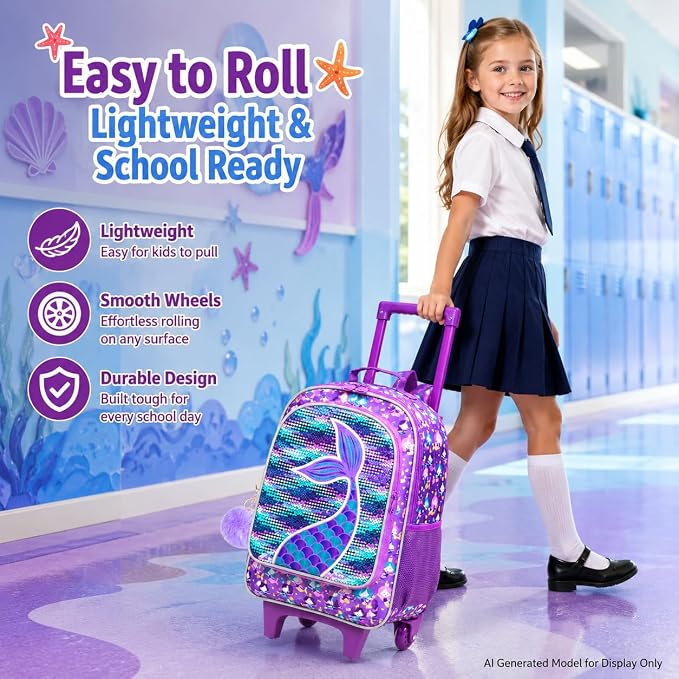 AGSDON 3PCS Rolling Backpack for Girls Boys, Kids Roller Wheels Bookbag, Wheeled School Bag with Lunch Bag - Image 2