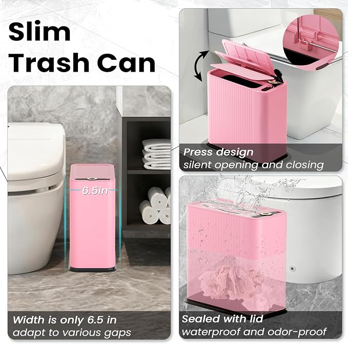 XLHOMO 9-Piece Pink Bathroom Accessories Set - Cute & Functional Set with Slim Trash Can, Soap Dish & Jars - Ideal Gift for Girls, Dorm Room & Modern Vanity Decor - Image 3