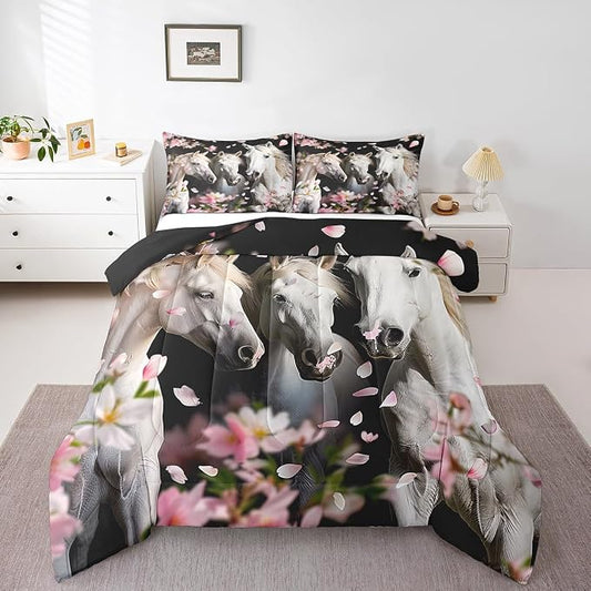 Erosebridal Kids Horse Bedding Set Chic Cherry Blossom Bedding Comforter Set for Girls Teens Galloping Horse Printed Comforter 3D Wild Animal Duvet Set Bedroom Decor Quilt Set 2Pcs Twin Size by Erosebridal