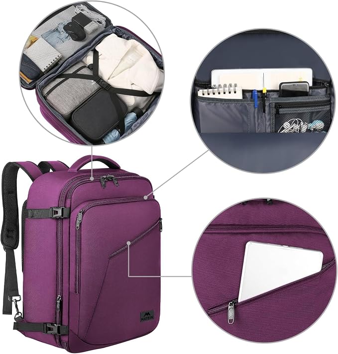 MATEIN Large Purple Travel Backpack, Expandable Airplane Backpack for Women | Carry on Backpack, Casual Daypack, Hidden Shoulder Strap, Airline Approved, Gifts for Work International Trip Travelling - Image 8