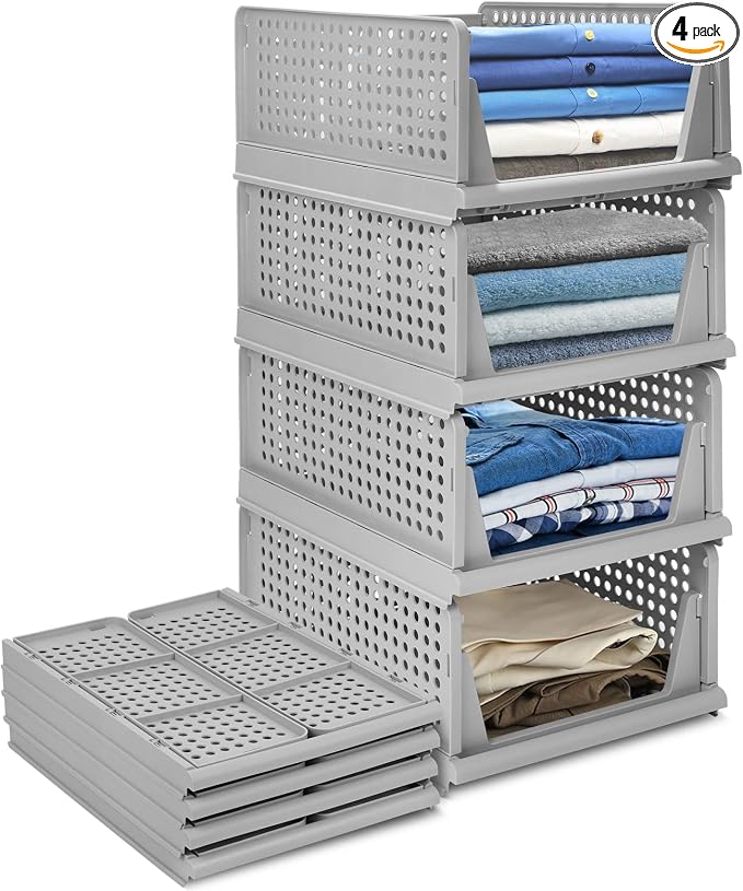 4-Pack Folding Wardrobe Storage Box Plastic Drawer Organizer Stackable Shelf Baskets Cloth Closet Container Bin Cube Home Office Bedroom Laundry Pull Out Drawer Dividers for Clothes,Toys Organization by jocabo