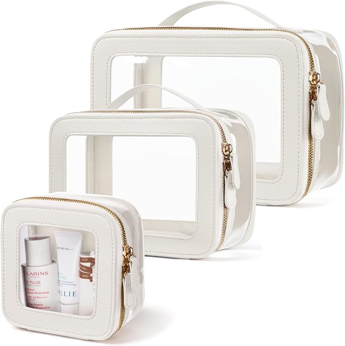 Clear Cosmetic Bag Set for Women Makeup Bag with Handle, 3 Pcs Travel Toiletry Bag Transparent Cosmetic Case Portable Make Up Organizer Bag for Essentials (White, Mini+S+L) by Oaque