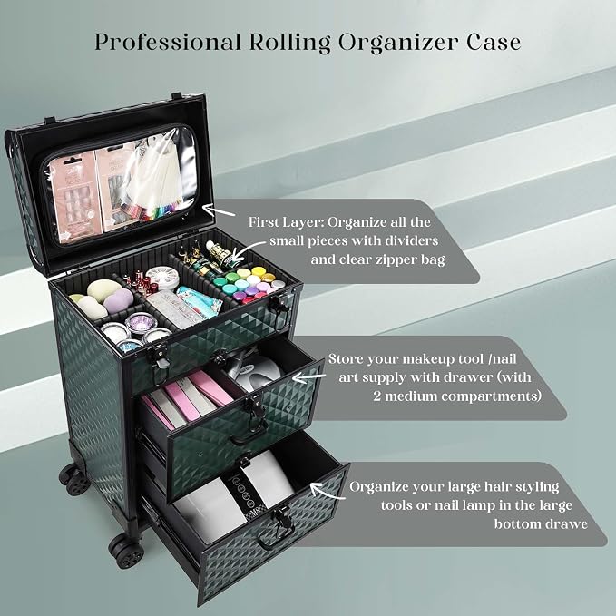 Professional Rolling Makeup Train Case with Drawers, Makeup Case on Wheels, Nail Tech Rolling Cart Storage Organizer Trolley Make up Case for Travel Makeup/Nail Art/Hair Styling, Dark Green - Image 2