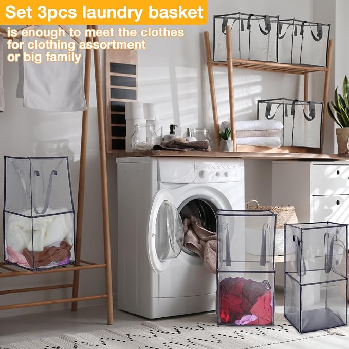 Zopeal 3 Pack Popup Laundry Hamper 13 Inch Collapsible Laundry Baskets with Handles Mesh Clothes Baskets Portable Foldable Clothes Hamper Square Bin for Washing (Grey,Double-layer) - Image 4