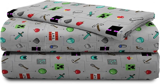 Jay Franco Kids Sheet Set with Fitted, Flat Sheets & Pillow Cover - Ultra-Soft Bedding with Pillowcase for Room Decor, Gray - Minecraft, 3 Piece Twin - Image 7