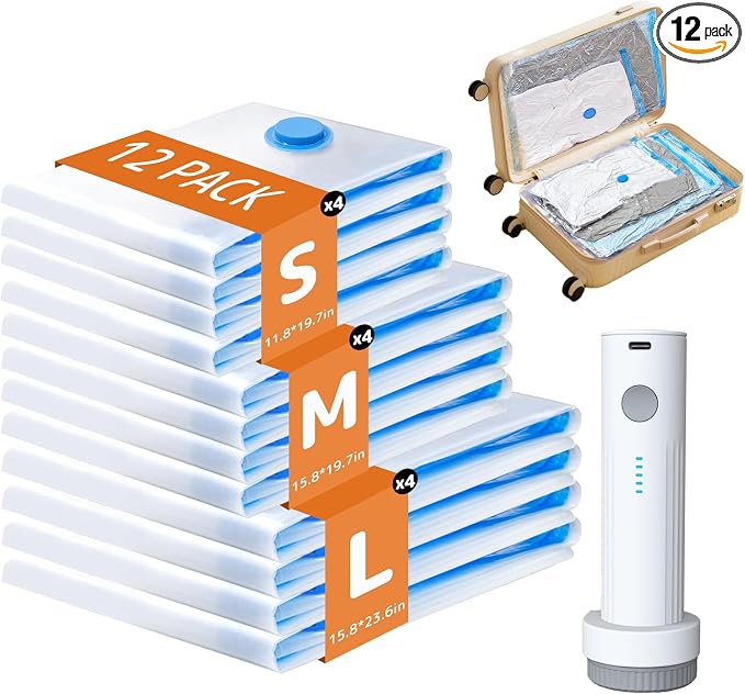 12 Pack Vacuum Bags for Travel with Rechargeable Air Pump, Carry-On Compression Bags for Luggage and Suitcase, Space Saver Storage for Clothing and Travel Organization by QIJIAYIHome