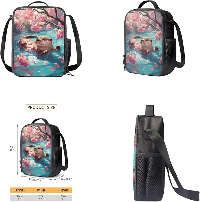 Cherry Blossom Otter Backpack for Girls Kids Backpack with Lunch Box Water Bottle Carrier with Strap and Big Pencil Case 4PCS Bookbag with Front Pocket for School 17 inch Sturdy School Bag - Image 4