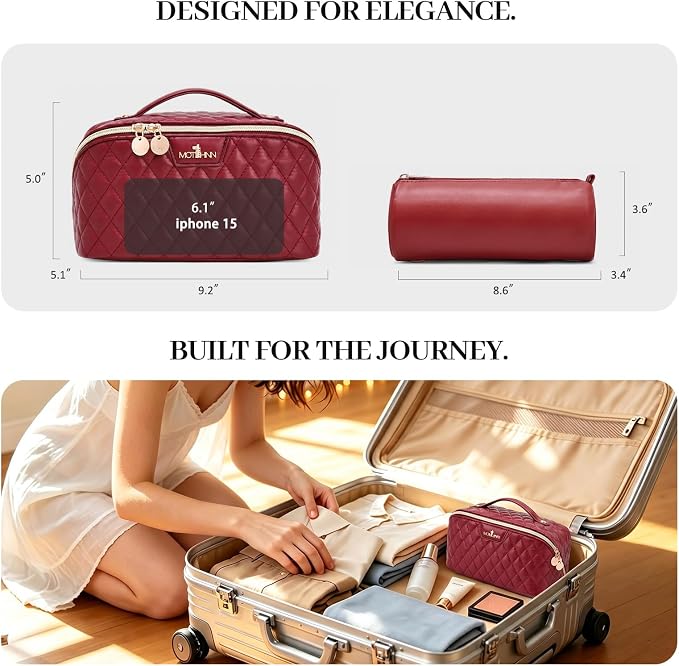 Travel Makeup Bags Cosmetic Organizer: 3Pcs Set Puffy Make up Bag for Women | Red Premium Quilted ELEGANCE Design | Large Capacity Leather Toiletry Bags | Wide Open Compact Case for Travel Essentials - Image 7