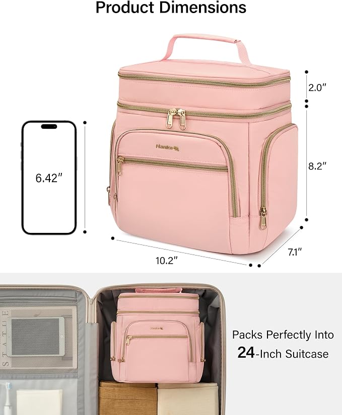 Hanke Large Toiletry Bag for Women Travel, Double Layer Organizer with Wide Opening for Full-Size Cosmetics & Toiletries, 12.2L Water-Resistant Makeup Bag,Pink - Image 7