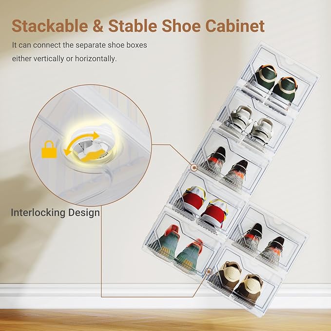 XX-Large Shoe Sneaker Storage Boxes for Size 14, Stackable & Thicken Clear Plastic Shoe Organizers 8 Packs for Entryway Closet Under Bed, Shoe Storage Cabinets Container Display Case w/ Magnetic Door - Image 4