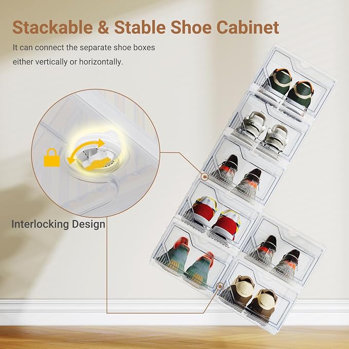 XX-Large Shoe Sneaker Storage Boxes for Size 14, Stackable & Thicken Clear Plastic Shoe Organizers 8 Packs for Entryway Closet Under Bed, Shoe Storage Cabinets Container Display Case w/ Magnetic Door - Image 4