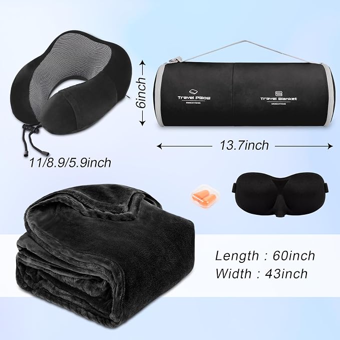 urnexttour Travel Pillow and Blanket Set Neck Pillows Travel Essentials with Sleep Mask for Airplane Car Memory Foam Black - Image 5
