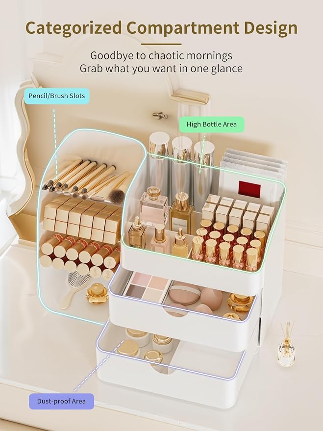 Booklov Small Makeup Organizer for Vanity and Bathroom Countertop, White | Plastic Cosmetic Display Case with Drawers, Beauty Brush Holder for Dresser Counter, Storage Skin Care Eyeshadow Lipstick - Image 3