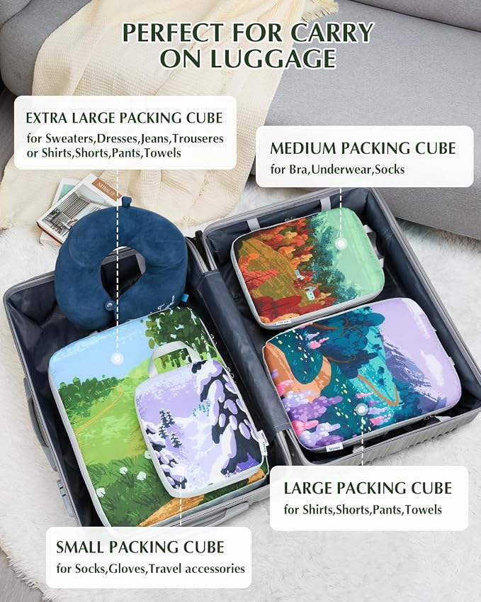 Gonex Compression Packing Cubes, 4pcs Expandable Storage Travel Luggage Bags Organizers, Travel Cubes for Suitcase Carry On (Seasons) - Image 4