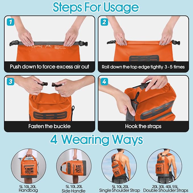 MORXPLOR Dry Bag Waterproof,5L/10L/20L/30L/40L/55L Roll Top Dry Bag Backpack with WaterProof Phone Case for Swim,Kayak - Image 7