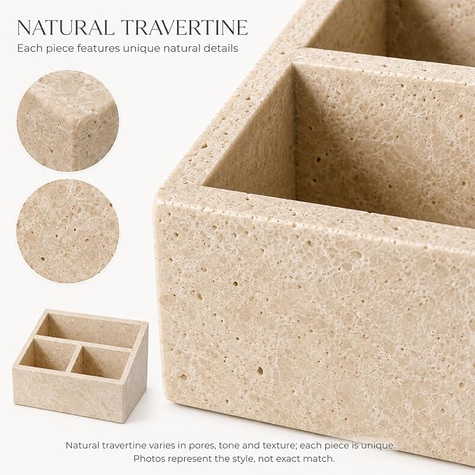 Travertine 3-Compartment Desk Organizer, Beige | Natural travertine with 3 compartments for pens, makeup brushes, skincare bottles, office supplies and vanity items - Image 5