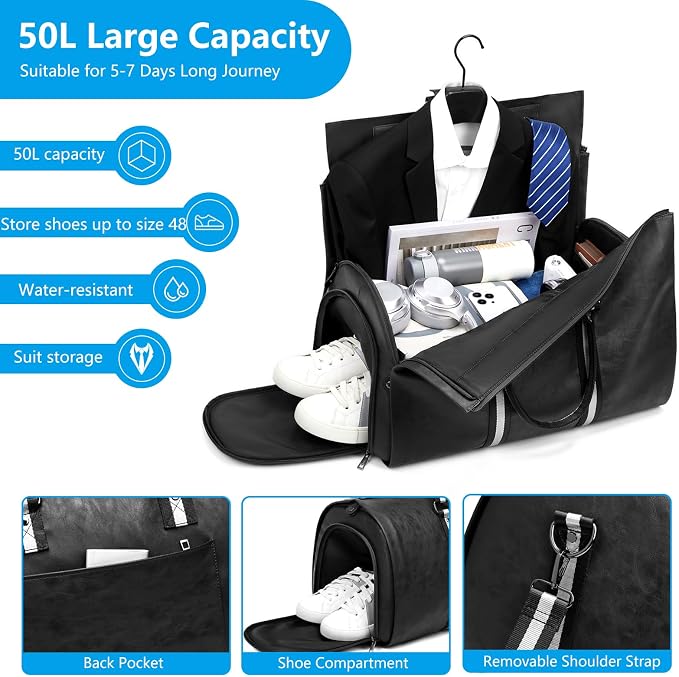 Leather Garment Bags for Travel, Convertible Carry on Garment Duffel Bag for Men, 2 in 1 Waterproof Foldable Travel Suit Bag with Shoulder Strap Weekender Bag with Shoe Pouch - Image 3