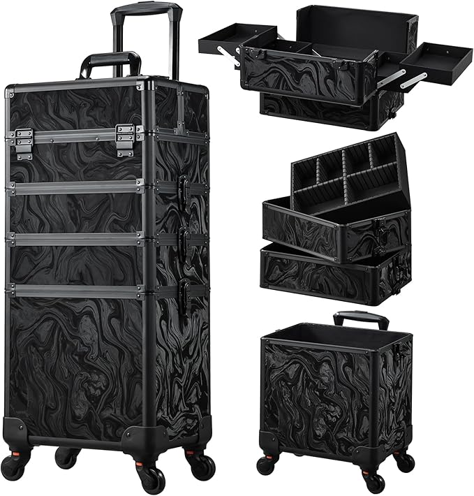 Stagiant Rolling Makeup Case Cosmetology Case on Wheels 4 in 1 Makeup Travel Case Extra Large Cosmetic Box with Key Make Up Artist Traveling Storage Nail Case Salon Barber Cart Trunk Alpine Black by Stagiant
