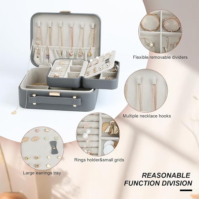 Travel Jewelry Case Large, Jewelry Box Large Jewelry Travel Organizer Jewelry Case with Handle, Best Gift for women Girls, Grey - Image 3