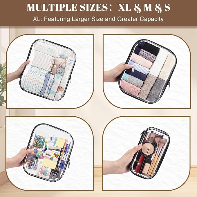 12 Pack Clear Hard Shell Zipper Case with 40 Labels, X-Large/Medium/Small Stackable Clear Pouches, Crush-resistant Travel Toiletry Bag Organizer for Makeup Board Games Electronics (Black) - Image 5