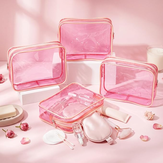 20 Pcs Clear Makeup Bags Bulk Travel Toiletry Bag 7 x 5.5 x 1.6 Inch PVC Zipper Pouch Waterproof Plastic Cosmetic Case Portable Organizer for Women Summer Bathroom (Pink) - Image 2