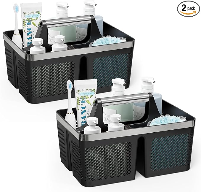 BYUNER 2Pack Shower Caddy Dorm: Portable Bathroom Caddy Organizer with Handle, Plastic Hard Shower Basket Storage Tote for Toiletry, Drainage, College Dorm Room Essentials, Black by MakesYourHomeMoreOrganized