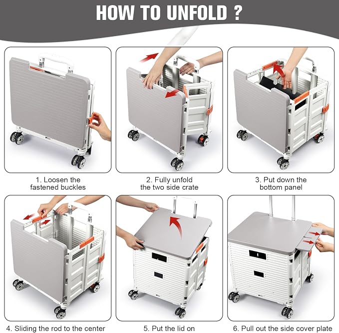 FELICON SELORSS Folding Utility Cart Portable Rolling Crate Handcart-White | Magnetic Sliding Lid,Telescoping Handle,Plastic Box Dolly,360°Swivel Wheels for Travel Shop Move Laundry Office Teacher Use - Image 5