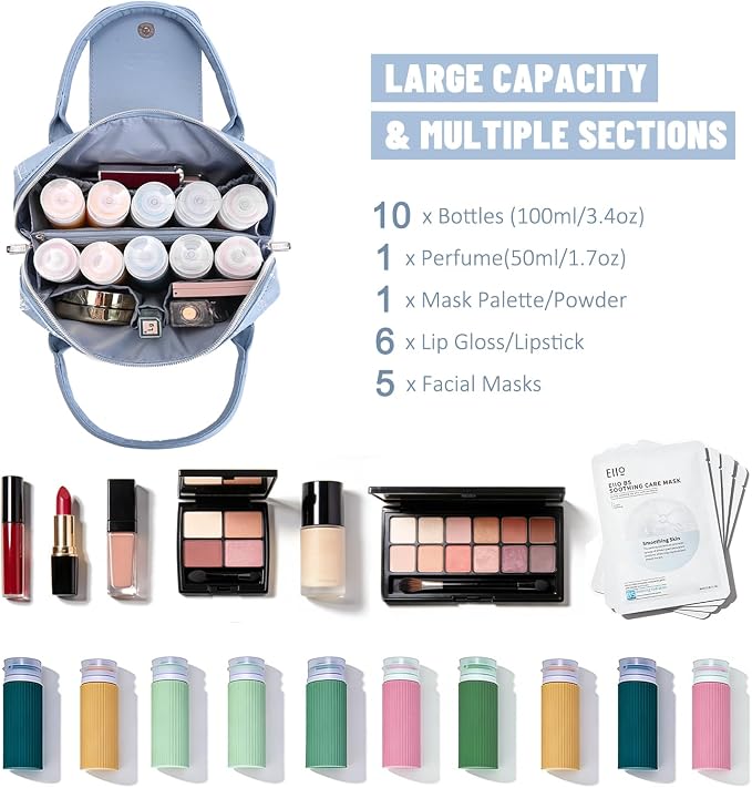 BOYATU Travel Makeup Bag Organizer with Handle: Forest Animal Cosmetic Bag Holds 10+ 100ml Full-Size Bottles for Dates & Trips - Waterproof Leather Toiletry Pouch 3-sec Touch-up for Chic Woman(Blue) - Image 6