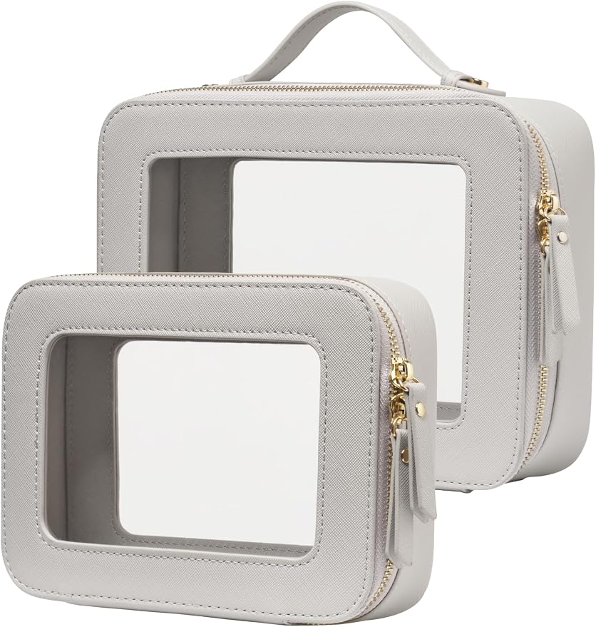 Popvibe Clear Makeup Case Set Toiletry Bag Travel Large Clear Cosmetic Bag with Zipper, Big Make Up Bag Organizer Women Traveling TSA Approved Transparent Bag Car for Essentials, Beige Grey by POPVIBE