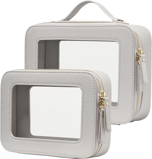 Popvibe Clear Makeup Case Set Toiletry Bag Travel Large Clear Cosmetic Bag with Zipper, Big Make Up Bag Organizer Women Traveling TSA Approved Transparent Bag Car for Essentials, Beige Grey by POPVIBE