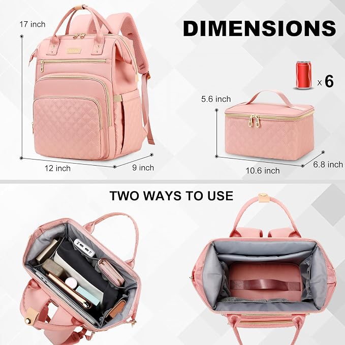 AIJIEKE Lunch Backpack for Women, 15.6 Laptop Backpack, Lunch Box, Pink | Water resistant computer bag with insulated leakproof cooler. Travel meal prep backpack for nurse, teacher, college commute - Image 6
