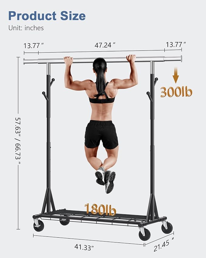 Hoctieon 1-Minute Assembly Clothes Rack, 480 lbs Heavy Duty Rolling Clothing Racks with Wheels, Foldable Garment Rack, Extendable Hanging Bar, Adjustable Metal Pole with Hooks, Black - Image 8