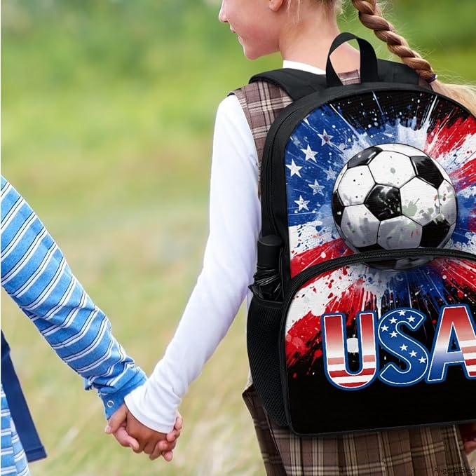 Soccer USA Flag Backpack for Boys 4PCS Travel Backpack with Lunch Box and Pencil Case Water Bottle Sleeve for Kids Children Teens Elementary Middle School 17 Inch Ball Bookbag Daypack - Image 7