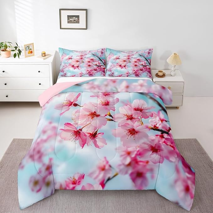 Erosebridal Cherry Blossoms Comforter Set Queen Size, Japanese-Style Floral Duvet Sets, Pink Flower Pattern Bedding Set for Kids Girls Teens Adult Bedroom, Romantic Bedding Comforters - Image 2