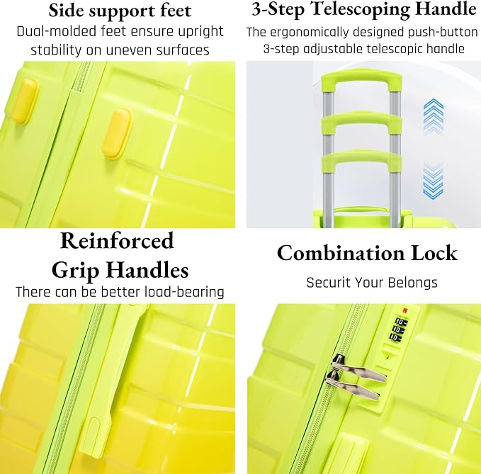 3-Piece Luggage Set 20/24/28’’ Hard-shell with 360° Spinner Wheels, Gradient Color Suitcase with Combination Lock, Lightweight PC Material, (Green+ Yellow) - Image 2